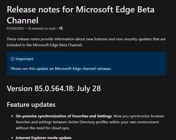 微软 Edge 浏览器 Beta 85.0.564.18 更新：支持本地同步收藏夹、设置,第1张